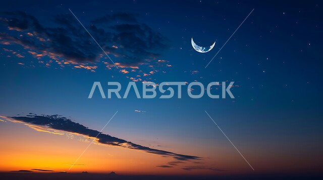 منظر الهلال في السماء فوق المدينة ليلا، الغيوم المتفرقة في الليل، دخول شهر هجري جديد، هلال شهر رمضان المبارك