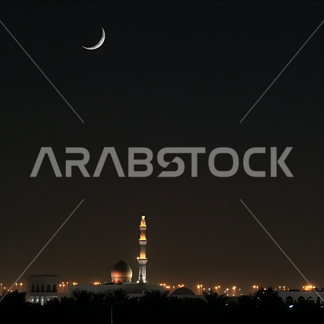 المآذن والقبب للمساجد المضيئة في الليل، منظر الهلال في السماء ليلا، دخول شهر هجري جديد، هلال شهر رمضان المبارك، العبادة والتقرب الى الله تعالى 