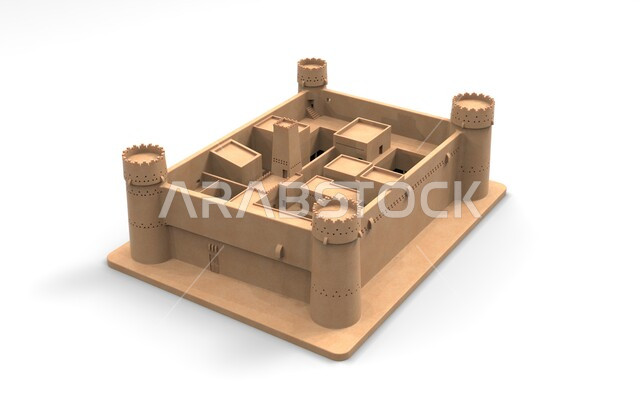 Ancient architecture, historical tourist places in Saudi Arabia, a small model of the historical heritage museum of Masmak Palace in the city of Riyadh in the Kingdom of Saudi Arabia, historical landmarks of Riyadh, white background