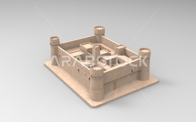 الهندسة المعمارية القديمة، اماكن اثرية سياحية في السعودية، مجسم صغير لمتحف قصر المصمك التاريخي التراثي في مدينة الرياض في المملكة العربية السعودية، معالم الرياض التاريخية، خلفية بيضاء