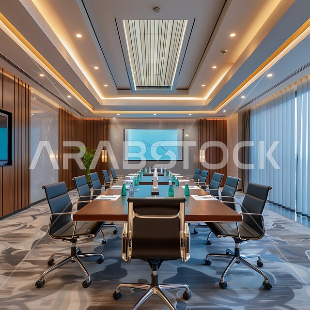 قاعة اجتماعات واسعة مع طاولة محاطة بكراسي، غرف مكتبية بتصاميم وديكورات داخلية فخمة، التصميم العصري الحديث للمكاتب في الشركات السعودية