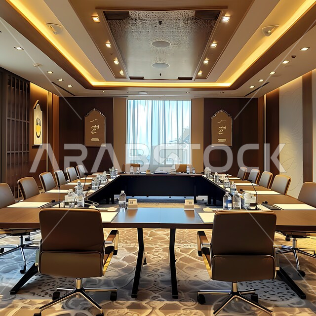 قاعة اجتماعات واسعة مع طاولة محاطة بكراسي، غرف مكتبية بتصاميم وديكورات داخلية فخمة، التصميم العصري الحديث للمكاتب في الشركات السعودية