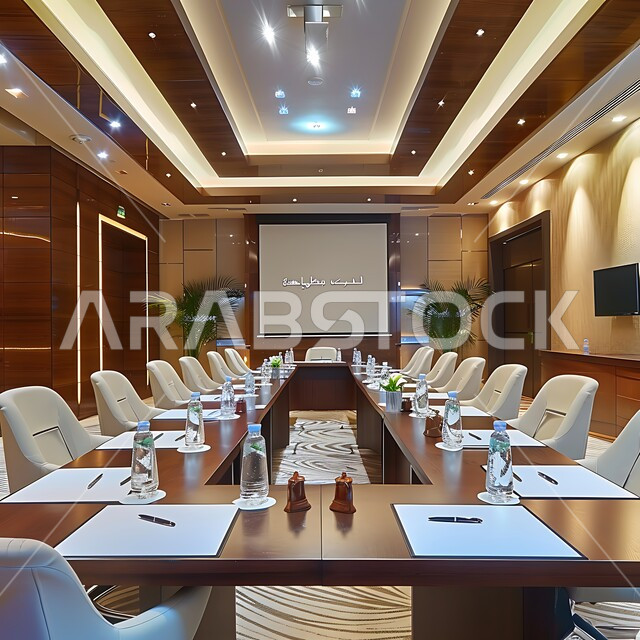 Spacious meeting room with table surrounded by chairs, office rooms with luxurious interior designs and decorations, modern contemporary design for offices in Saudi companies