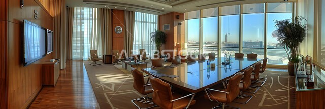 Spacious meeting room with table surrounded by chairs, office rooms with luxurious interior designs and decorations, modern contemporary design for offices in Saudi companies