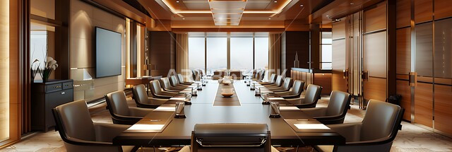 قاعة اجتماعات واسعة مع طاولة محاطة بكراسي، غرف مكتبية بتصاميم وديكورات داخلية فخمة، التصميم العصري الحديث للمكاتب في الشركات السعودية