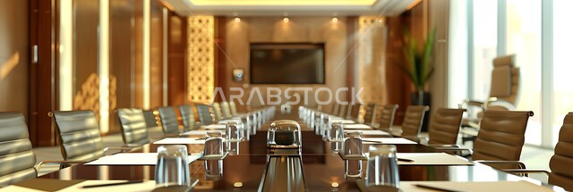 قاعة اجتماعات واسعة مع طاولة محاطة بكراسي، غرف مكتبية بتصاميم وديكورات داخلية فخمة، التصميم العصري الحديث للمكاتب في الشركات السعودية