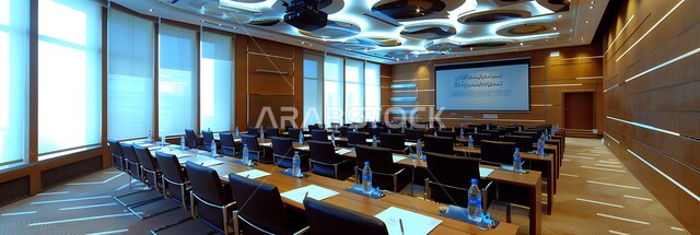  غرف مكتبية بتصاميم وديكورات داخلية فخمة، التصميم العصري الحديث للمكاتب في الشركات السعودية، قاعة اجتماعات واسعة مع طاولة محاطة بكراسي