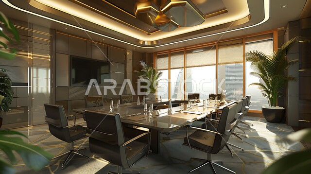  غرف مكتبية بتصاميم وديكورات داخلية فخمة، التصميم العصري الحديث للمكاتب في الشركات السعودية، قاعة اجتماعات واسعة مع طاولة محاطة بكراسي