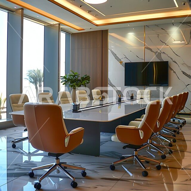  غرف مكتبية بتصاميم وديكورات داخلية فخمة، التصميم العصري الحديث للمكاتب في الشركات السعودية، قاعة اجتماعات واسعة مع طاولة محاطة بكراسي