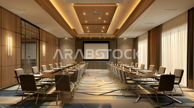  غرف مكتبية بتصاميم وديكورات داخلية فخمة، التصميم العصري الحديث للمكاتب في الشركات السعودية، قاعة اجتماعات واسعة مع طاولة محاطة بكراسي