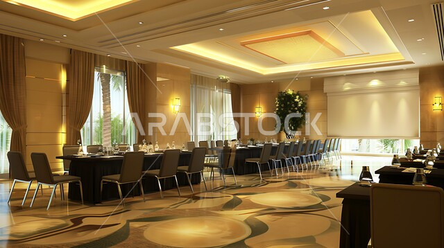 Office rooms with luxurious interior designs and decorations, modern contemporary design for offices in Saudi companies, spacious meeting room with a table surrounded by chairs