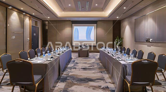  غرف مكتبية بتصاميم وديكورات داخلية فخمة، التصميم العصري الحديث للمكاتب في الشركات السعودية، قاعة اجتماعات واسعة مع طاولة محاطة بكراسي