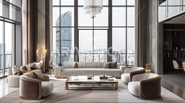 غرفة معيشة بتصاميم عصرية حديثة، النوافذ الزجاجية المطلة على الابراج في غرف الجلوس, أثاث منزلي راقي، تصميمات وديكورات فاخرة على الطراز الحديث، فلل و قصور سكنية