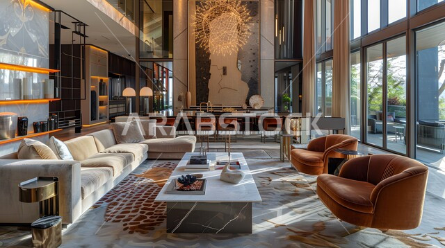 تصميمات وديكورات فاخرة على الطراز الحديث، غرفة معيشة بتصاميم عصرية حديثة، النوافذ الزجاجية المطلة على الطبيعه في غرف الجلوس, أثاث منزلي راقي، فلل و قصور سكنية