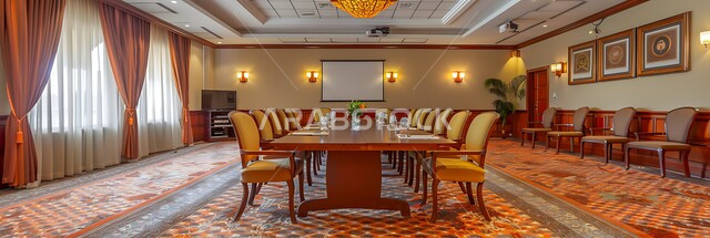 التصميم العصري الحديث للمكاتب في الشركات السعودية، قاعة اجتماعات واسعة مع طاولة محاطة بكراسي، غرف مكتبية بتصاميم وديكورات داخلية كلاسيكية