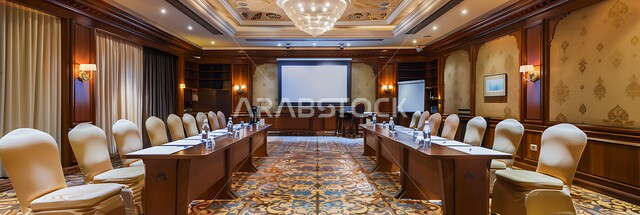 التصميم العصري الحديث للمكاتب في الشركات السعودية، قاعة اجتماعات واسعة مع طاولة محاطة بكراسي، غرف مكتبية بتصاميم وديكورات داخلية كلاسيكية