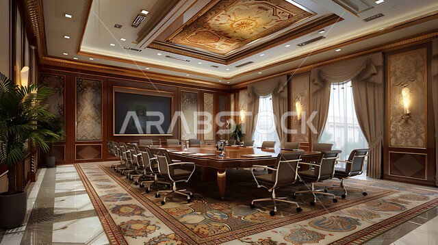 التصميم العصري الحديث للمكاتب في الشركات السعودية، قاعة اجتماعات واسعة مع طاولة محاطة بكراسي، غرف مكتبية بتصاميم وديكورات داخلية كلاسيكية