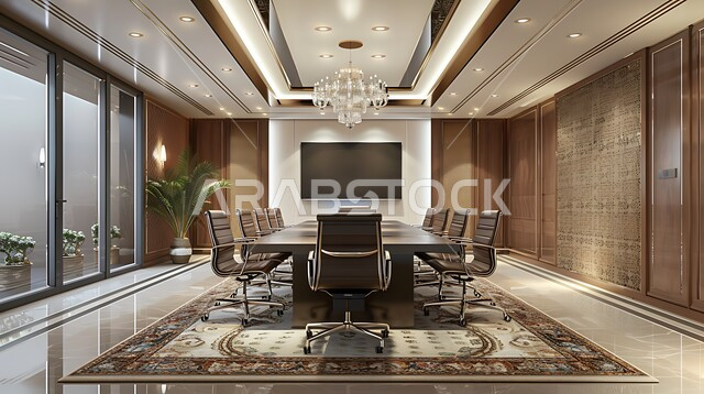 التصميم العصري الحديث للمكاتب في الشركات السعودية، قاعة اجتماعات واسعة مع طاولة محاطة بكراسي، غرف مكتبية بتصاميم وديكورات داخلية كلاسيكية