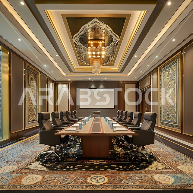  غرف مكتبية بتصاميم وديكورات داخلية كلاسيكية، التصميم العصري الحديث للمكاتب في الشركات السعودية، قاعة اجتماعات واسعة مع طاولة محاطة بكراسي