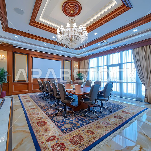  غرف مكتبية بتصاميم وديكورات داخلية كلاسيكية، التصميم العصري الحديث للمكاتب في الشركات السعودية، قاعة اجتماعات واسعة مع طاولة محاطة بكراسي