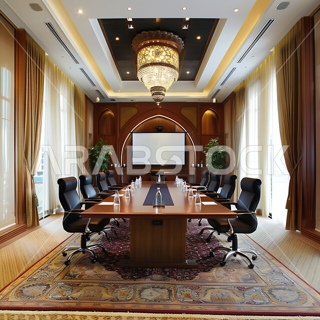 التصميم العصري الحديث للمكاتب في الشركات السعودية، قاعة اجتماعات واسعة مع طاولة محاطة بكراسي، غرف مكتبية بتصاميم وديكورات داخلية كلاسيكية