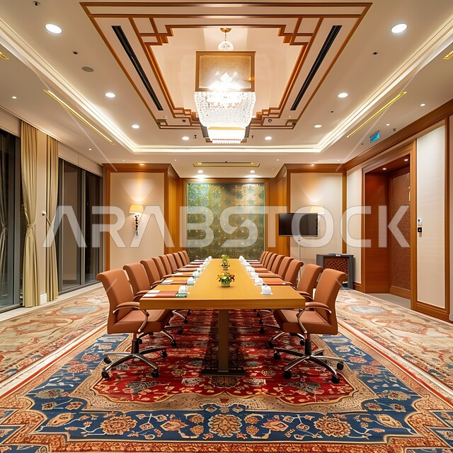  غرف مكتبية بتصاميم وديكورات داخلية كلاسيكية، التصميم العصري الحديث للمكاتب في الشركات السعودية، قاعة اجتماعات واسعة مع طاولة محاطة بكراسي