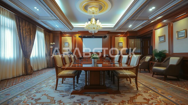  غرف مكتبية بتصاميم وديكورات داخلية كلاسيكية، التصميم العصري الحديث للمكاتب في الشركات السعودية، قاعة اجتماعات واسعة مع طاولة محاطة بكراسي