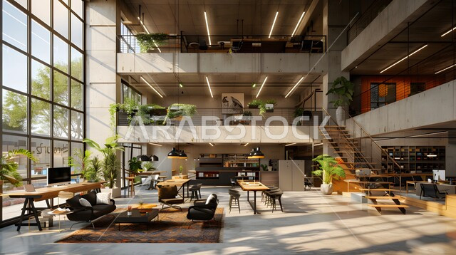 Modern decor for Saudi corporate offices, large glass facades in work offices, modern office equipment and elegant and comfortable furniture, upscale modern-style wooden interior designs