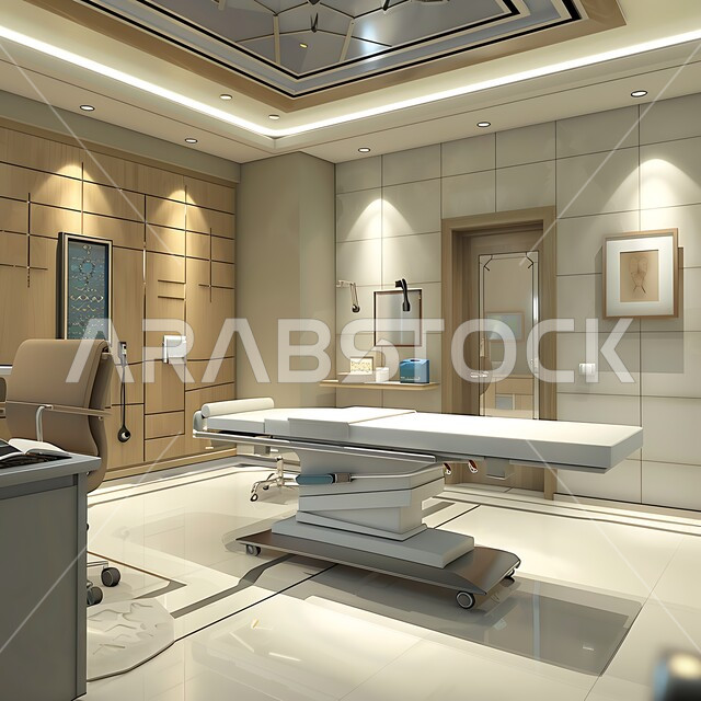 حجره مجهزه بالأدوات والأجهزة الطبيه الحديثه، استخدام التقنيه والتكنولوجيا في العلاج والطب الحديث، عيادات ومراكز صحيه متطوره، تصميم ثلاثي الابعاد لغرفه طبيه حديثه لفحص وتشخيص المرضى في المستشفى، سرير إلكتروني طبي كهربائي في أحد الغرف