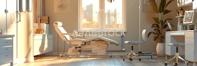 حجره مجهزه بالأدوات والأجهزة الطبيه الحديثه، استخدام التقنيه والتكنولوجيا في العلاج والطب الحديث، عيادات ومراكز صحيه متطوره، تصميم ثلاثي الابعاد لغرفه طبيه حديثه لفحص وتشخيص المرضى في المستشفى، سرير إلكتروني طبي كهربائي في أحد الغرف