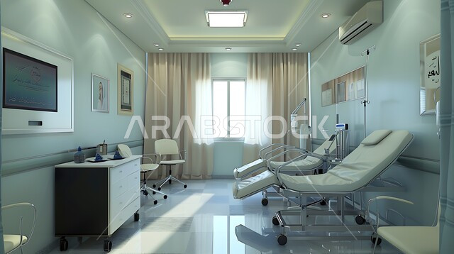 سرير إلكتروني طبي كهربائي في أحد الغرف، حجره مجهزه بالأدوات والأجهزة الطبيه الحديثه، استخدام التقنيه والتكنولوجيا في العلاج والطب الحديث، عيادات ومراكز صحيه متطوره، تصميم ثلاثي الابعاد لغرفه طبيه حديثه لفحص وتشخيص المرضى في المستشفى