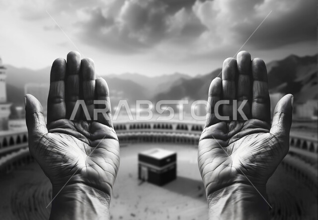 صورة مقربة لأيدي حاج يقوم بالدعاء والتضرع الى الله، أماكن ومعالم دينية إسلامية مقدسة في المملكة العربية السعودية، أداء مناسك الحج والعمرة في مكة المكرمة، حجاج بيت الله من شتى انحاء العالم يطوفون حول الكعبة المشرفة في الحرم المكي الشريف