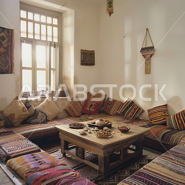 الفن الهندسي المعماري على الطراز التراثي القديم، التحف والاكسسوارات بتصاميم وديكورات شعبي، ديوان عربي تقليدي يضم وسائد مريحة وطاولات منخفضة، معد لأمسية من الشاي والمحادثة