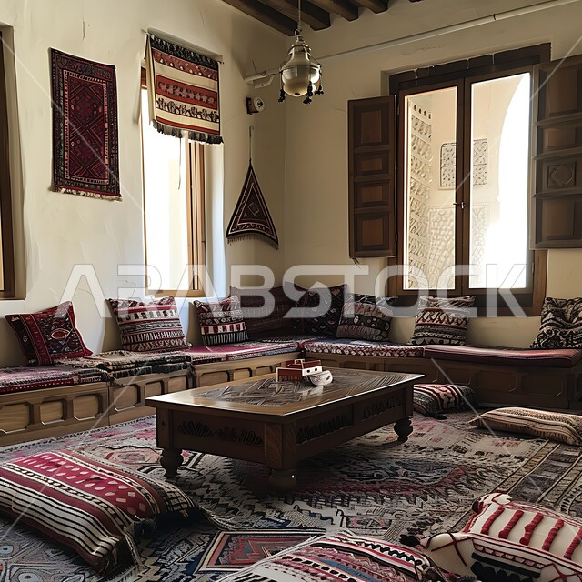الفن الهندسي المعماري على الطراز التراثي القديم، التحف والاكسسوارات بتصاميم وديكورات شعبي، ديوان عربي تقليدي يضم وسائد مريحة وطاولات منخفضة، معد لأمسية من الشاي والمحادثة