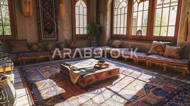 Old heritage style architecture, antiques and accessories with popular designs and decorations, a traditional Arabic diwan with comfortable cushions and low tables, set for an evening of tea and conversation