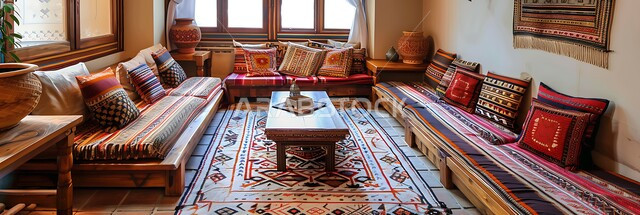 الفن الهندسي المعماري على الطراز التراثي القديم، التحف والاكسسوارات بتصاميم وديكورات شعبي، ديوان عربي تقليدي يضم وسائد مريحة وطاولات منخفضة، معد لأمسية من الشاي والمحادثة