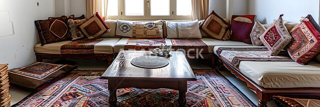 Traditional Arabic diwan with comfortable cushions and low tables, set for an evening of tea and conversation, old heritage style architecture, antiques and accessories with popular designs and decorations