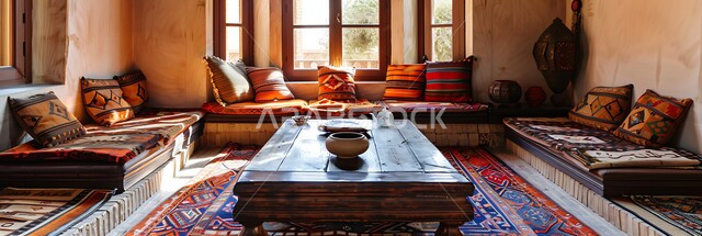  ديوان عربي تقليدي يضم وسائد مريحة وطاولات منخفضة، معد لأمسية من الشاي والمحادثة، الفن الهندسي المعماري على الطراز التراثي القديم، التحف والاكسسوارات بتصاميم وديكورات شعبية