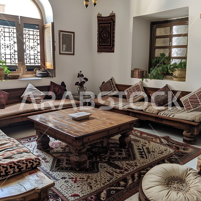  ديوان عربي تقليدي يضم وسائد مريحة وطاولات منخفضة، معد لأمسية من الشاي والمحادثة، الفن الهندسي المعماري على الطراز التراثي القديم، التحف والاكسسوارات بتصاميم وديكورات شعبية