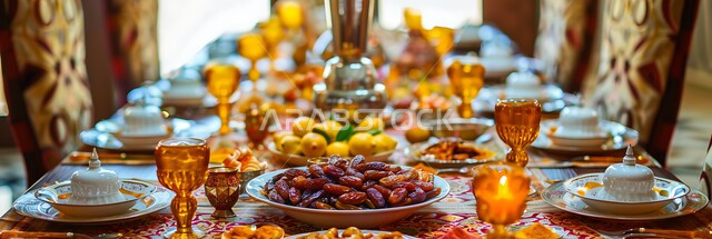 Etiquette in arranging the dining table, a large table full of appetizers and healthy foods, natural juices full of nutritious vitamins, waiting for the call to prayer to break the fast, the arrival of the time for breakfast, a healthy breakfast on the table at sunset