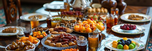  الإتيكيت بترتيب سفرة الطعام , طاولة كبيرة مليئة بالمقبلات والأطعمة الصحية، العصائر الطبيعية المليئة بالفيتامينات المغذية، إنتظار وقت الأذان لكسر الصيام، حلول موعد الإفطار، فطور صحي على المائدة في وقت المغرب