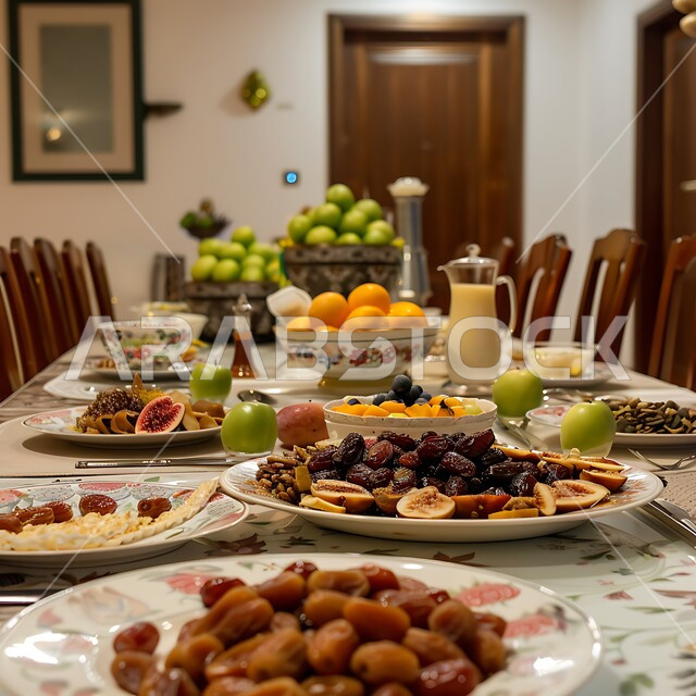 الإتيكيت بترتيب سفرة الطعام , طاولة كبيرة مليئة بالمقبلات والأطعمة الصحية، العصائر الطبيعية المليئة بالفيتامينات المغذية، إنتظار وقت الأذان لكسر الصيام، حلول موعد الإفطار، فطور صحي على المائدة في وقت المغرب
