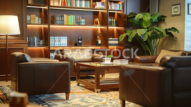 الأضواء والألوان المريحة للنظر, الديكورات الداخلية المعاصرة في مكاتب السعودية, صالة أعمال أنيقة تتميز بمقاعد مريحة، الطاولة الخشبية المتوضعة في منتصف الغرفة، الرفوف المكتبية التي تحوي العديد من الكتب القيمة, الزينة والاكسسوارات الراقية