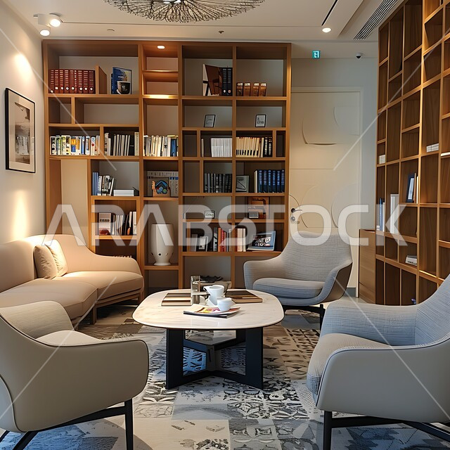 الرفوف المكتبية التي تحوي العديد من الكتب القيمة, الديكورات الداخلية المعاصرة في مكاتب السعودية, صالة أعمال أنيقة تتميز بمقاعد مريحة، الطاولة الخشبية المتوضعة في منتصف الغرفة، الزينة والاكسسوارات الراقية, الأضواء والألوان المريحة للنظر