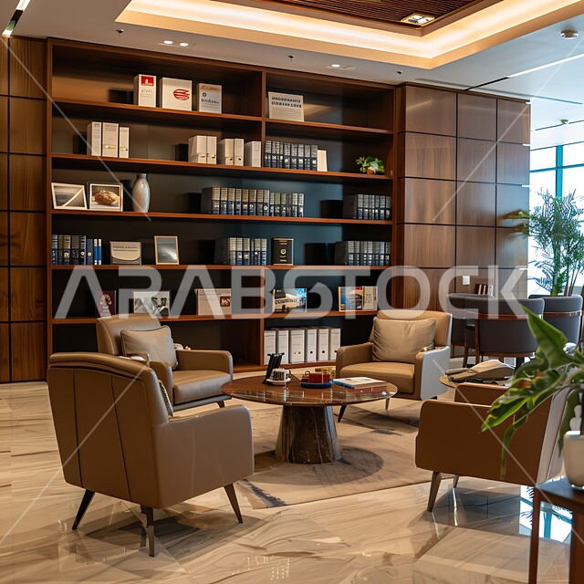  صالة أعمال أنيقة تتميز بمقاعد مريحة، الديكورات الداخلية المعاصرة في مكاتب السعودية,الطاولة الخشبية المتوضعة في منتصف الغرفة، الرفوف المكتبية التي تحوي العديد من الكتب القيمة, الزينة والاكسسوارات الراقية, الأضواء والألوان المريحة للنظر