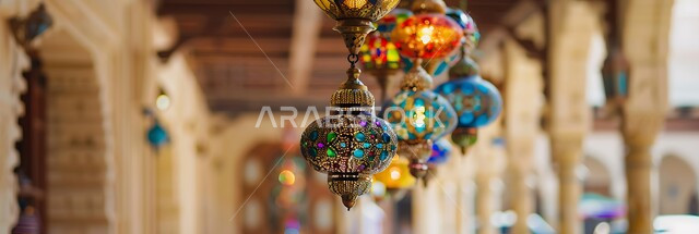 مجموعة من الفوانيس العربية التقليدية الملونة المضيئة, تحف و اكسسوارات مميزة للاحتفال بقدوم شهر الخير, المصابيح المعدنية المعلقة في الأجواء الرمضانية الروحانية, زينة و أنوار شهر رمضان المبارك