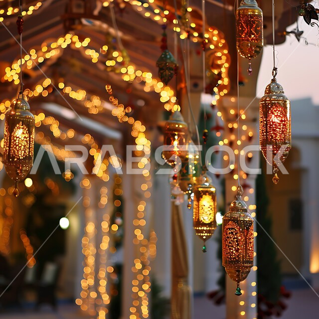 A collection of colorful traditional Arabic lanterns, distinctive antiques and accessories to celebrate the arrival of the month of goodness, hanging metal lamps in the spiritual Ramadan atmosphere, decorations and lights for the holy month of Ramadan