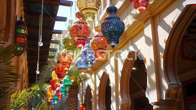 مجموعة من الفوانيس العربية التقليدية الملونة المضيئة, تحف و اكسسوارات مميزة للاحتفال بقدوم شهر الخير, المصابيح المعدنية المعلقة في الأجواء الرمضانية الروحانية, زينة و أنوار شهر رمضان المبارك
