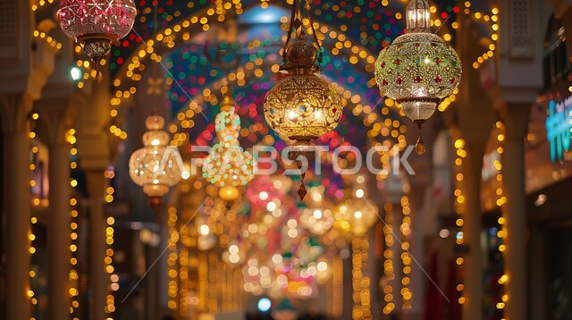  تحف و اكسسوارات مميزة للاحتفال بقدوم شهر الخير, المصابيح المعدنية المعلقة في الأجواء الرمضانية الروحانية, زينة و أنوار شهر رمضان المبارك، مجموعة من الفوانيس العربية التقليدية الملونة المضيئة