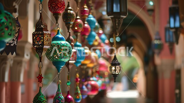Distinctive antiques and accessories to celebrate the arrival of the month of goodness, hanging metal lamps in the spiritual Ramadan atmosphere, decorations and lights for the holy month of Ramadan, a group of traditional colorful illuminated Arabic lanterns